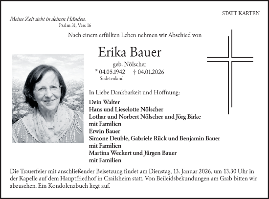 Traueranzeige von Erika Bauer von Hohenloher Tagblatt