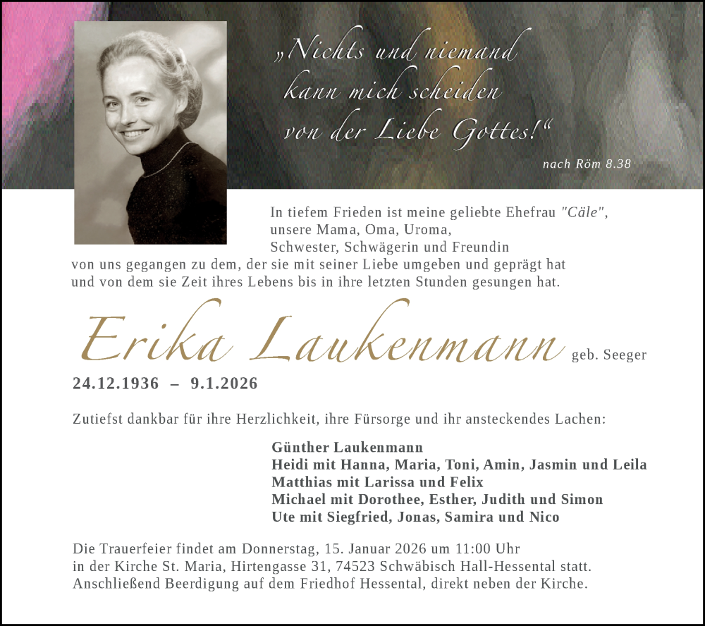  Traueranzeige für Erika Laukenmann vom 14.01.2026 aus Rundschau Gaildorf/Haller Tagblatt