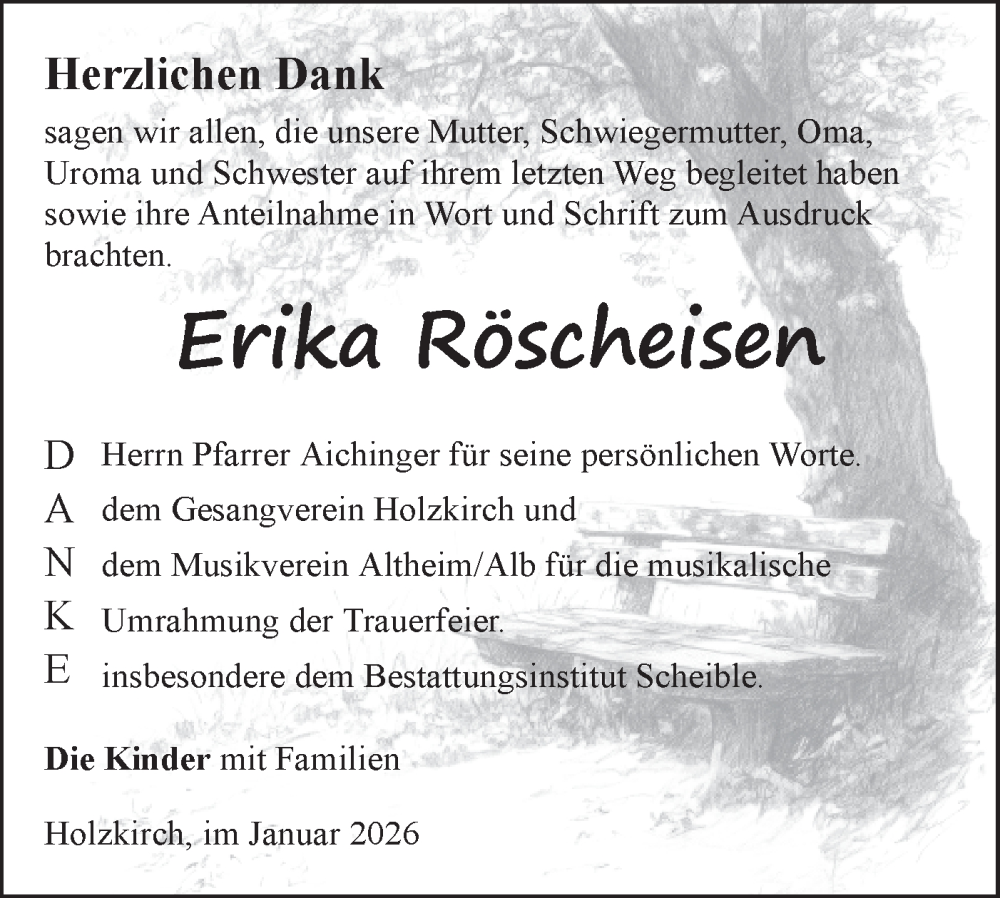  Traueranzeige für Erika Röscheisen vom 17.01.2026 aus SÜDWEST PRESSE Ausgabe Ulm/Neu-Ulm