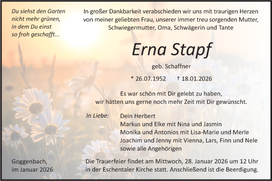 Traueranzeige von Erna Stapf von Haller Tagblatt