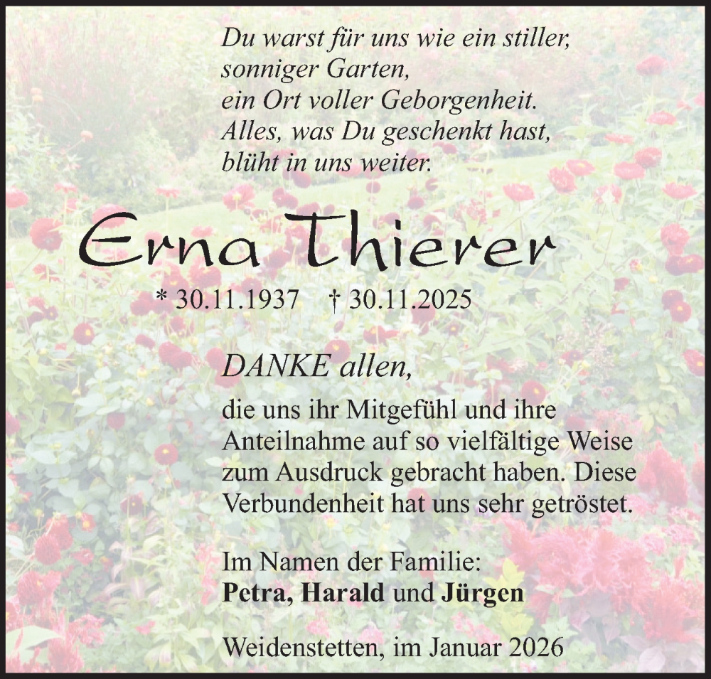  Traueranzeige für Erna Thierer vom 12.01.2026 aus SÜDWEST PRESSE Ausgabe Ulm/Neu-Ulm