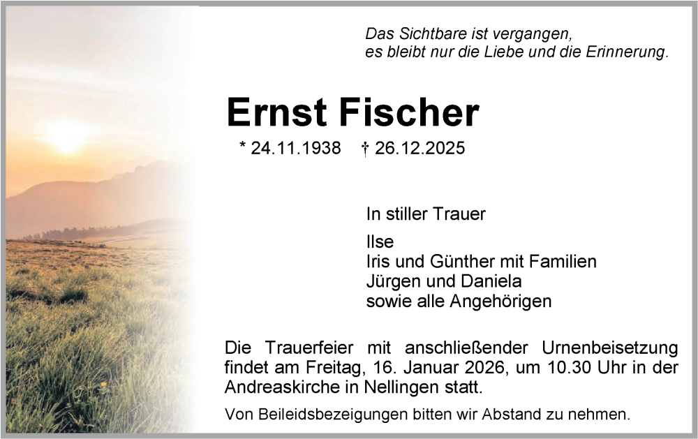  Traueranzeige für Ernst Fischer vom 13.01.2026 aus Geislinger Zeitung
