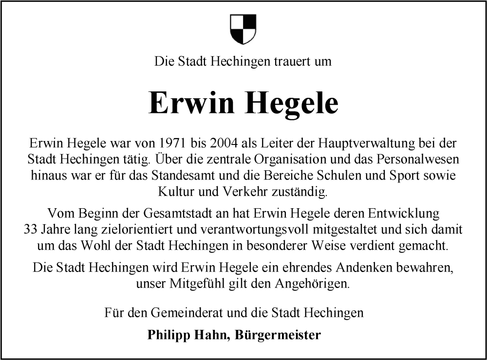  Traueranzeige für Erwin Hegele vom 14.01.2026 aus SÜDWEST PRESSE Zollernalbkreis/Hohenzollerische Zeitung