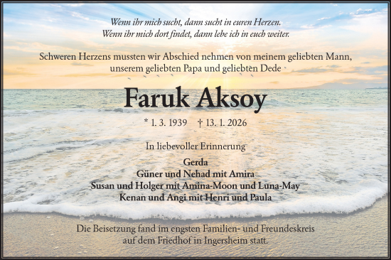 Traueranzeige von Faruk Aksoy von Hohenloher Tagblatt