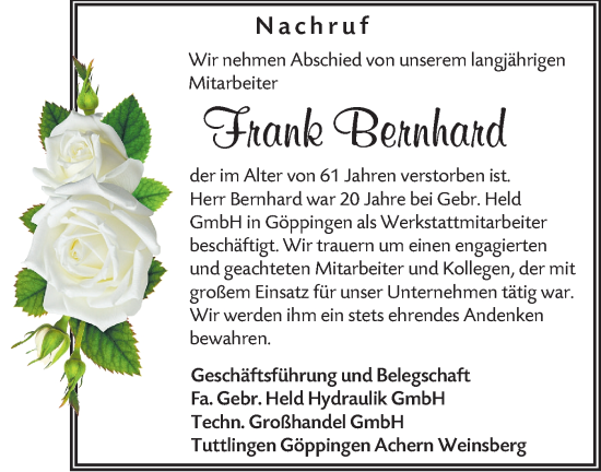 Traueranzeige von Frank Bernhard von NWZ Neue Württembergische Zeitung