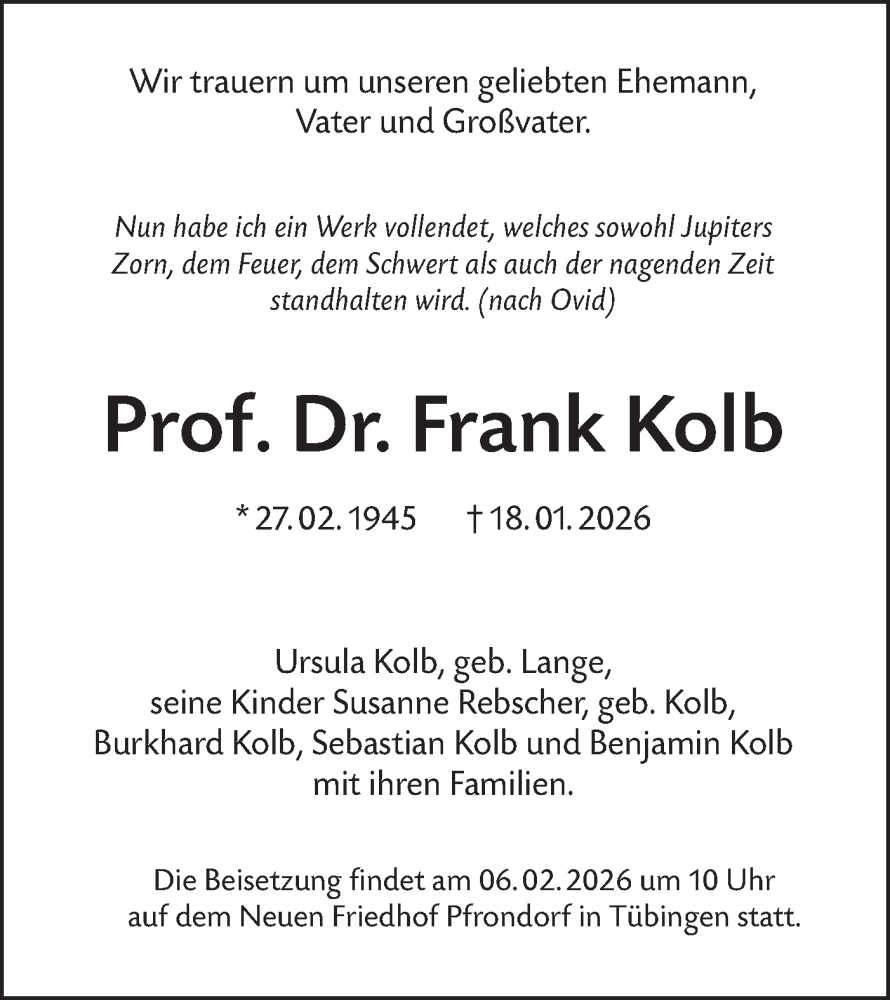  Traueranzeige für Frank Kolb vom 24.01.2026 aus Schwäbische Tagblatt