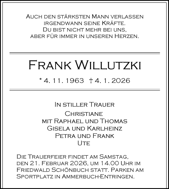 Traueranzeige von Frank Willutzki von Schwäbische Tagblatt