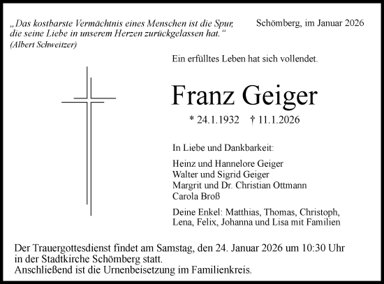Traueranzeige von Franz Geiger von SÜDWEST PRESSE Zollernalbkreis/Hohenzollerische Zeitung