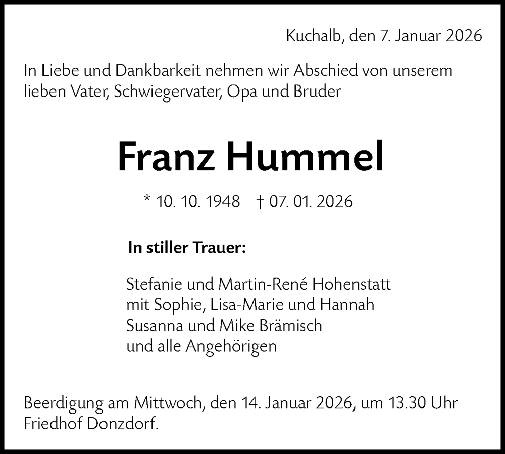  Traueranzeige für Franz Hummel vom 10.01.2026 aus NWZ Neue Württembergische Zeitung