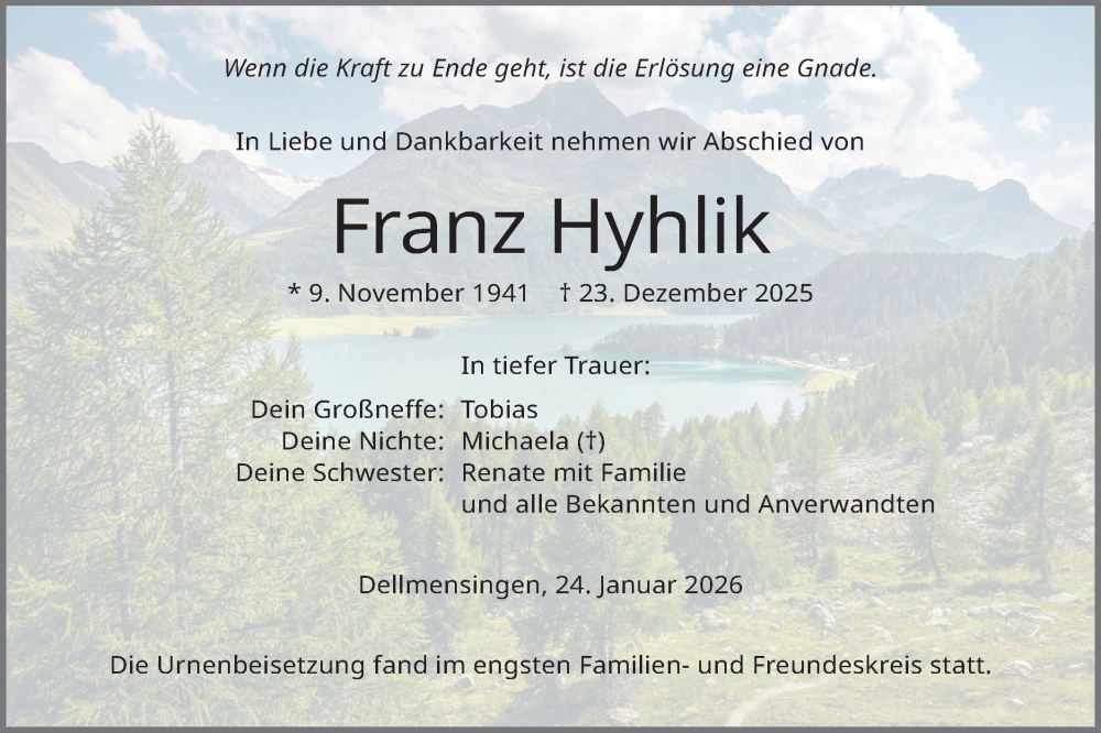  Traueranzeige für Franz Hyhlik vom 24.01.2026 aus SÜDWEST PRESSE Ausgabe Ulm/Neu-Ulm
