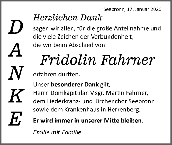 Traueranzeige von Fridolin Fahrner von Schwäbische Tagblatt