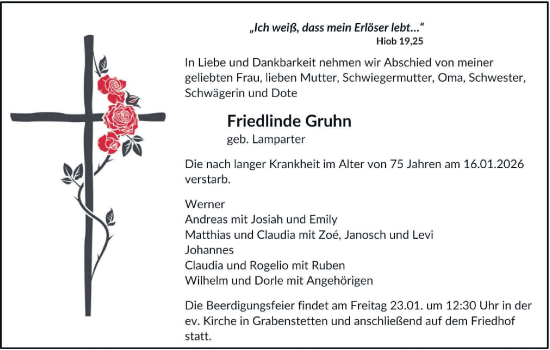 Traueranzeige von Friedlinde Gruhn von Alb-Bote/Metzinger-Uracher Volksblatt