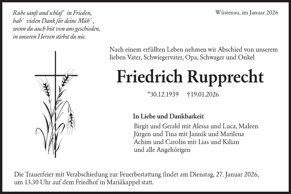  Traueranzeige für Friedrich Rupprecht vom 24.01.2026 aus Hohenloher Tagblatt
