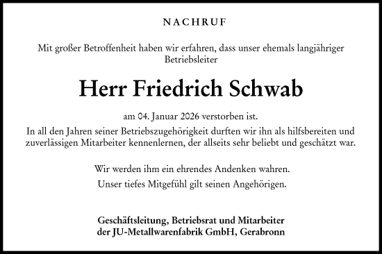 Traueranzeige von Friedrich Schwab von Hohenloher Tagblatt