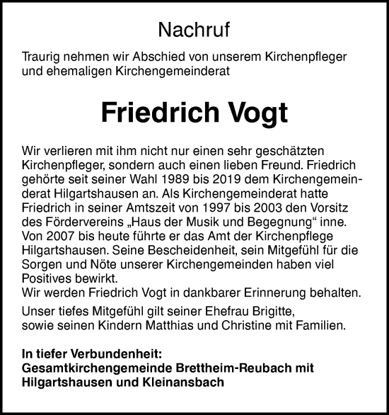 Traueranzeige von Friedrich Vogt von Hohenloher Tagblatt