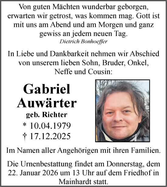 Traueranzeige von Gabriel Auwärter von Haller Tagblatt