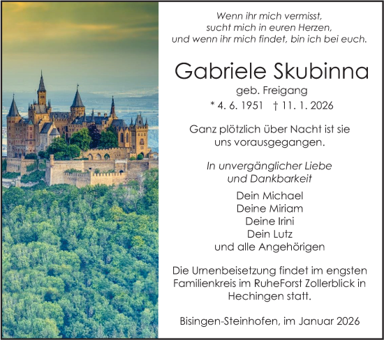 Traueranzeige von Gabriele Skubinna von SÜDWEST PRESSE Zollernalbkreis/Hohenzollerische Zeitung