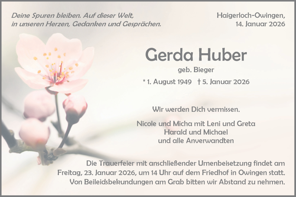  Traueranzeige für Gerda Huber vom 14.01.2026 aus SÜDWEST PRESSE Zollernalbkreis/Hohenzollerische Zeitung