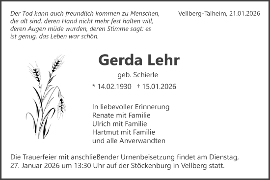 Traueranzeige von Gerda Lehr von Haller Tagblatt