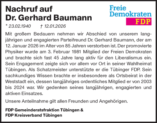 Traueranzeige von Gerhard Baumann von Schwäbische Tagblatt