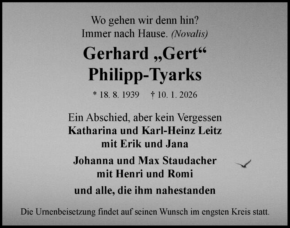 Traueranzeige für Gerhard Philipp-Tyarks vom 20.01.2026 aus Hohenloher Tagblatt