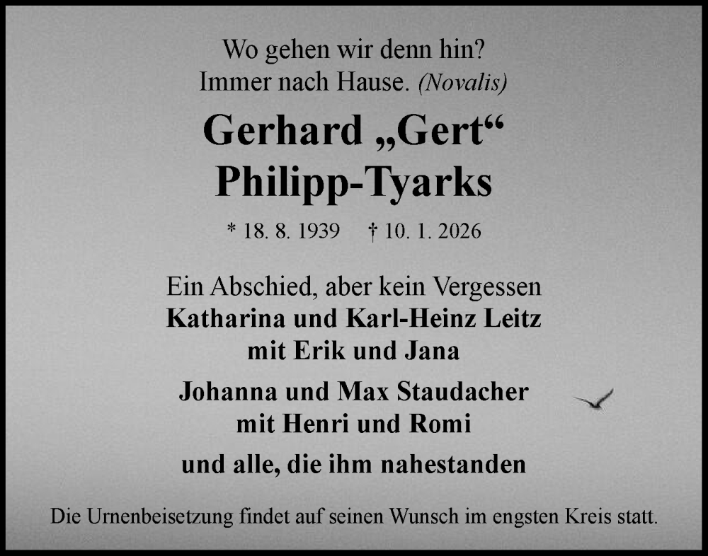  Traueranzeige für Gerhard Philipp-Tyarks vom 22.01.2026 aus Haller Tagblatt