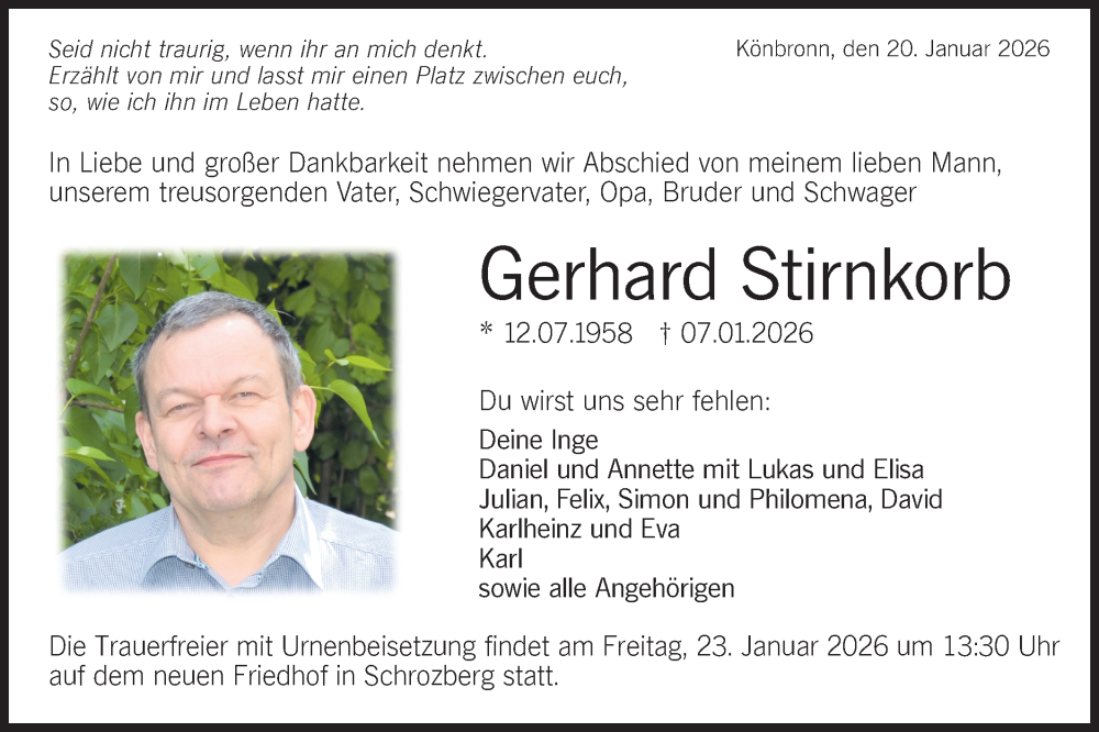  Traueranzeige für Gerhard Stirnkorb vom 20.01.2026 aus Hohenloher Tagblatt