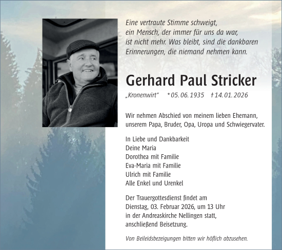 Traueranzeige von Gerhard Paul Stricker von SÜDWEST PRESSE Ausgabe Ulm/Neu-Ulm