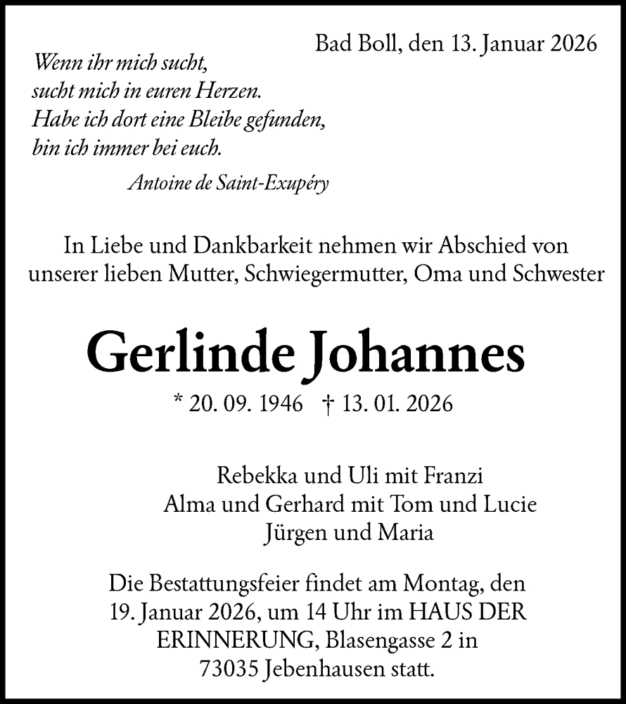  Traueranzeige für Gerlinde Johannes vom 15.01.2026 aus NWZ Neue Württembergische Zeitung