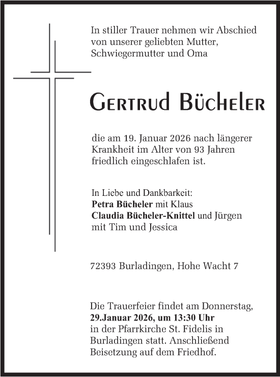 Traueranzeige von Gertrud Bücheler von SÜDWEST PRESSE Zollernalbkreis/Hohenzollerische Zeitung