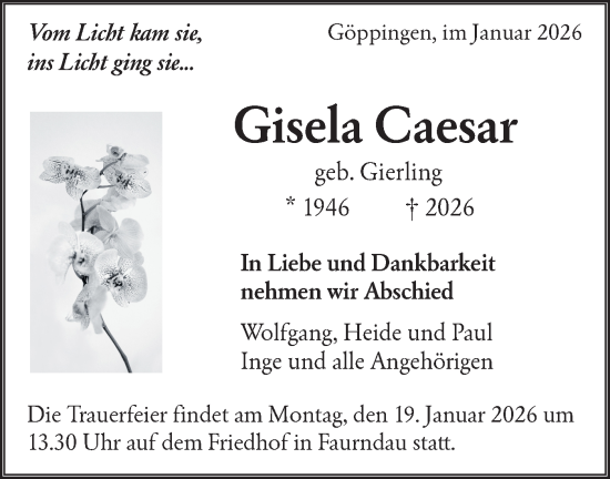 Traueranzeige von Gisela Caesar von NWZ Neue Württembergische Zeitung