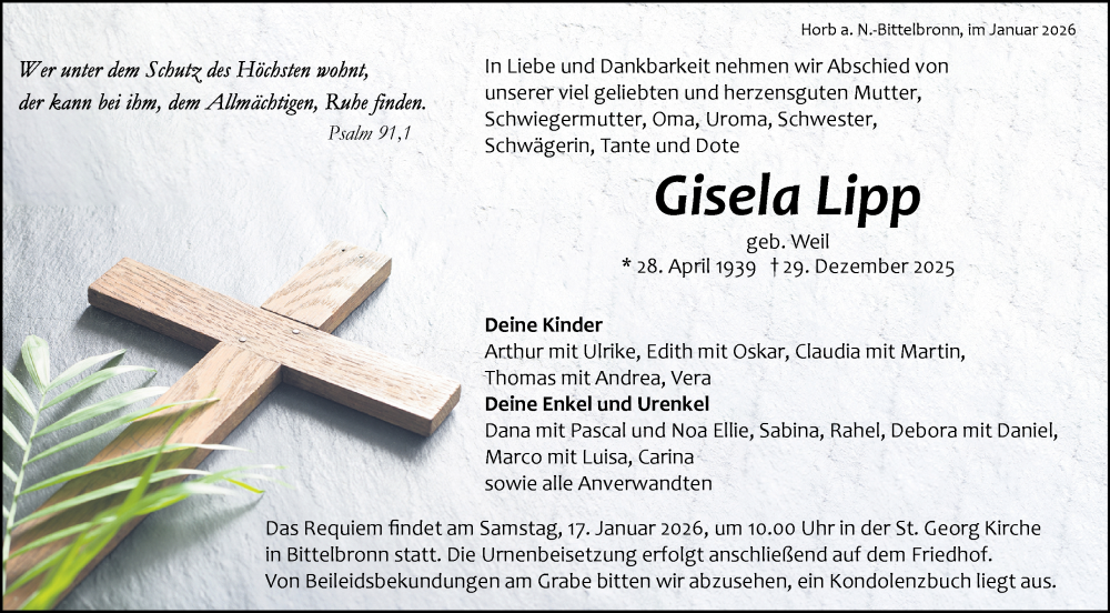  Traueranzeige für Gisela Lipp vom 10.01.2026 aus Neckar-Chronik