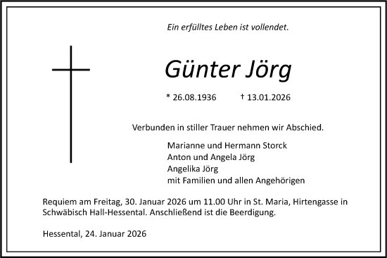 Traueranzeige von Günter Jörg von Haller Tagblatt
