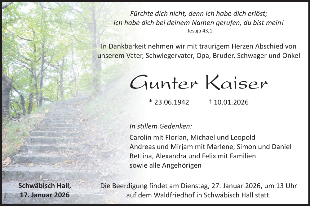  Traueranzeige für Gunter Kaiser vom 17.01.2026 aus Haller Tagblatt
