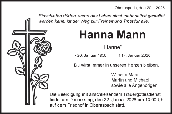 Traueranzeige von Hanna Mann von Haller Tagblatt