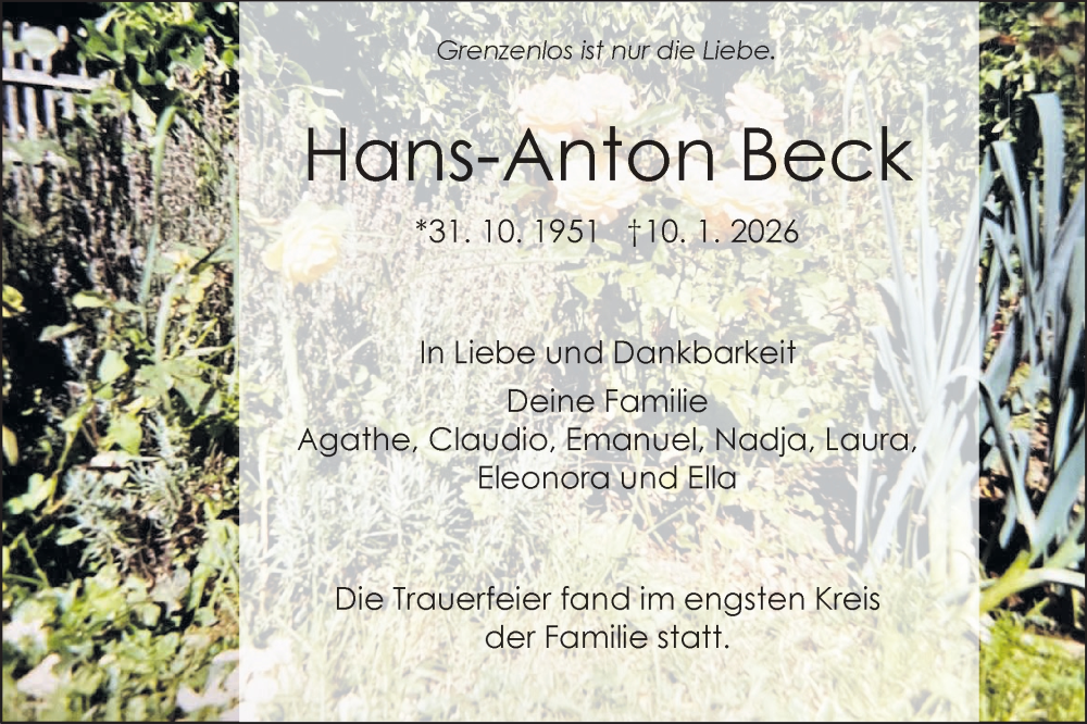  Traueranzeige für Hans-Anton Beck vom 17.01.2026 aus SÜDWEST PRESSE Zollernalbkreis/Hohenzollerische Zeitung