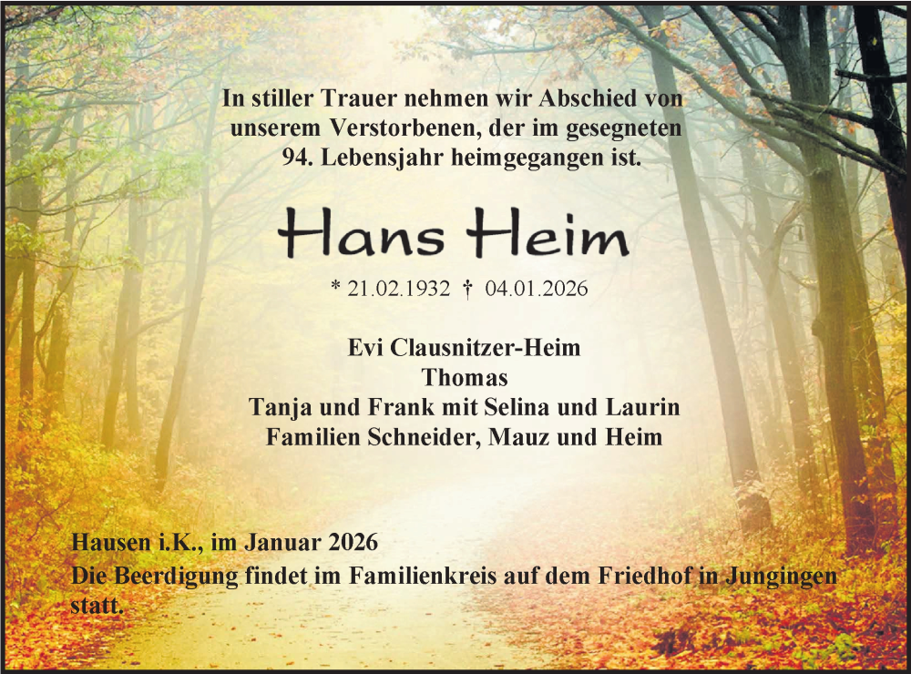  Traueranzeige für Hans Heim vom 10.01.2026 aus SÜDWEST PRESSE Zollernalbkreis/Hohenzollerische Zeitung