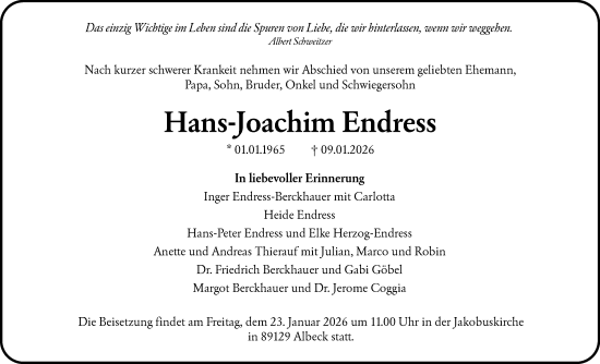 Traueranzeige von Hans-Joachim Endress von SÜDWEST PRESSE Ausgabe Ulm/Neu-Ulm