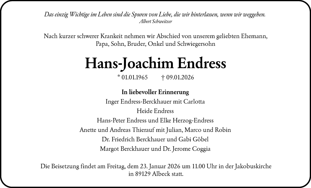  Traueranzeige für Hans-Joachim Endress vom 17.01.2026 aus SÜDWEST PRESSE Ausgabe Ulm/Neu-Ulm