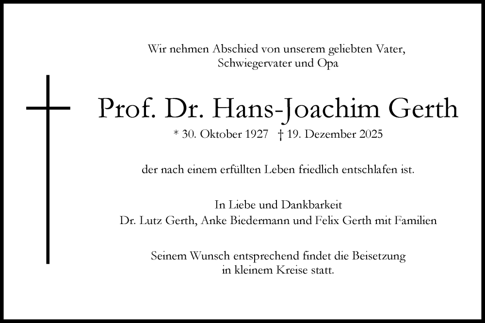 Traueranzeige für Hans-Joachim Gerth vom 10.01.2026 aus Schwäbische Tagblatt