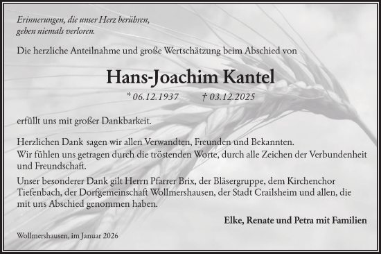 Traueranzeige von Hans-Joachim Kantel von Hohenloher Tagblatt
