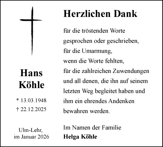 Traueranzeige von Hans Köhle von SÜDWEST PRESSE Ausgabe Ulm/Neu-Ulm