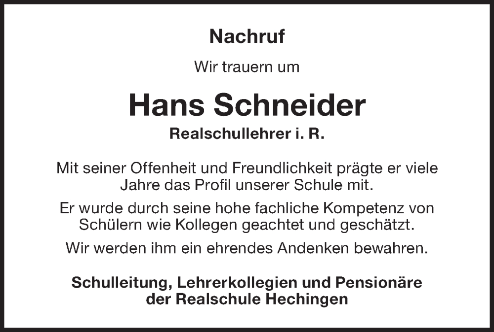  Traueranzeige für Hans Schneider vom 16.01.2026 aus SÜDWEST PRESSE Zollernalbkreis/Hohenzollerische Zeitung
