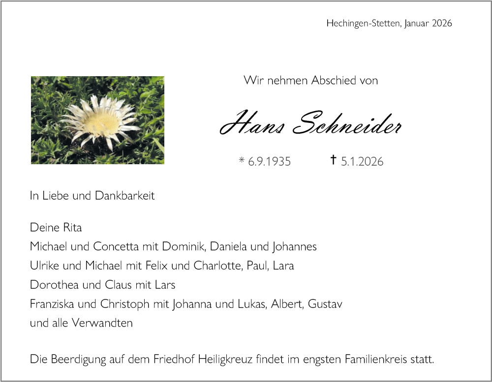  Traueranzeige für Hans Schneider vom 10.01.2026 aus SÜDWEST PRESSE Zollernalbkreis/Hohenzollerische Zeitung