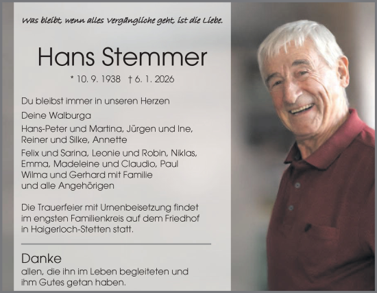 Traueranzeige von Hans Stemmer von SÜDWEST PRESSE Zollernalbkreis/Hohenzollerische Zeitung