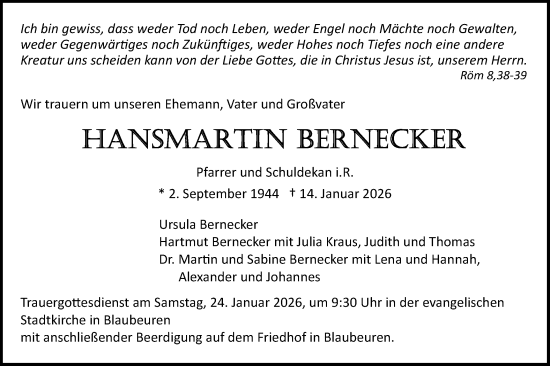 Traueranzeige von Hansmartin Bernecker von SÜDWEST PRESSE Ausgabe Ulm/Neu-Ulm