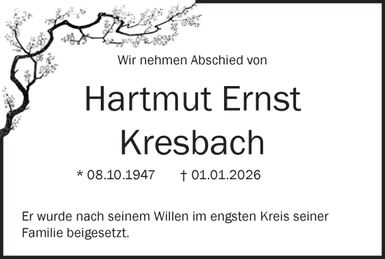 Traueranzeige von Hartmut Ernst Kresbach von Hohenloher Tagblatt