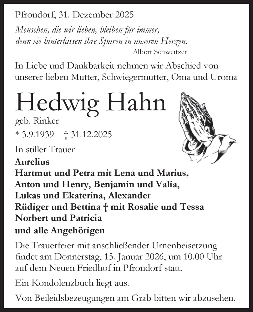  Traueranzeige für Hedwig Hahn vom 10.01.2026 aus Schwäbische Tagblatt