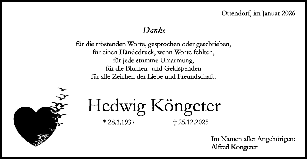  Traueranzeige für Hedwig Köngeter vom 24.01.2026 aus Rundschau Gaildorf
