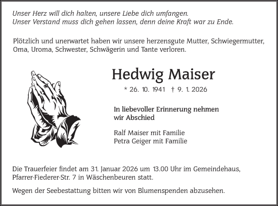 Traueranzeige von Hedwig Maiser von NWZ Neue Württembergische Zeitung